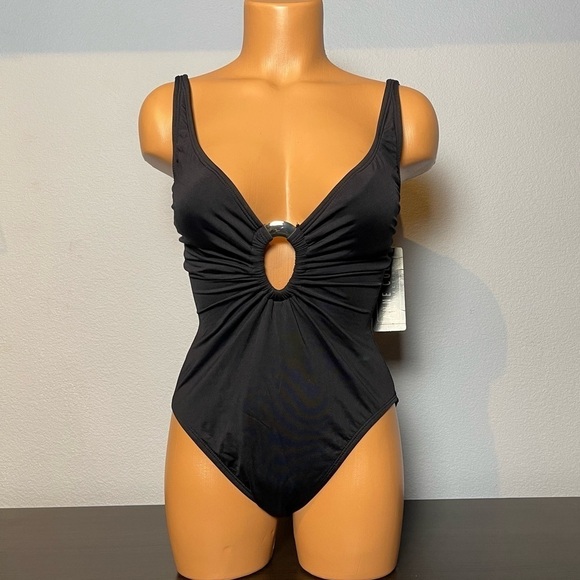 Nwt Anne Cole O-Ring Deep Plunge Black Tank Swimsuit (SW05) - Picture 1 of 11